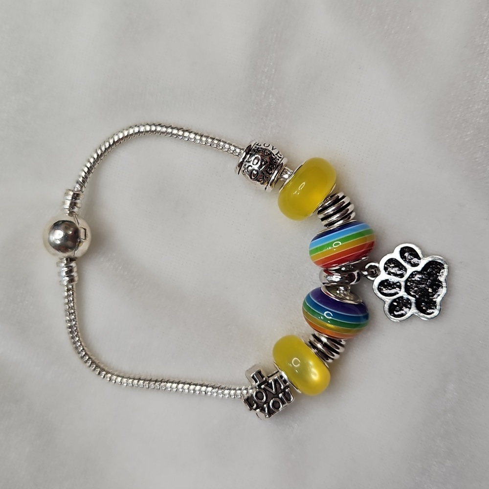 Paw Print Rainbow Colorful Charm Bracelet Yellow Multi Color Beaded Bracelet NEW